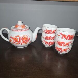 Vintage‎ 7 Piece Set Red Fire Cloud Dragon Mythical Great China Teapot & 6 Cups